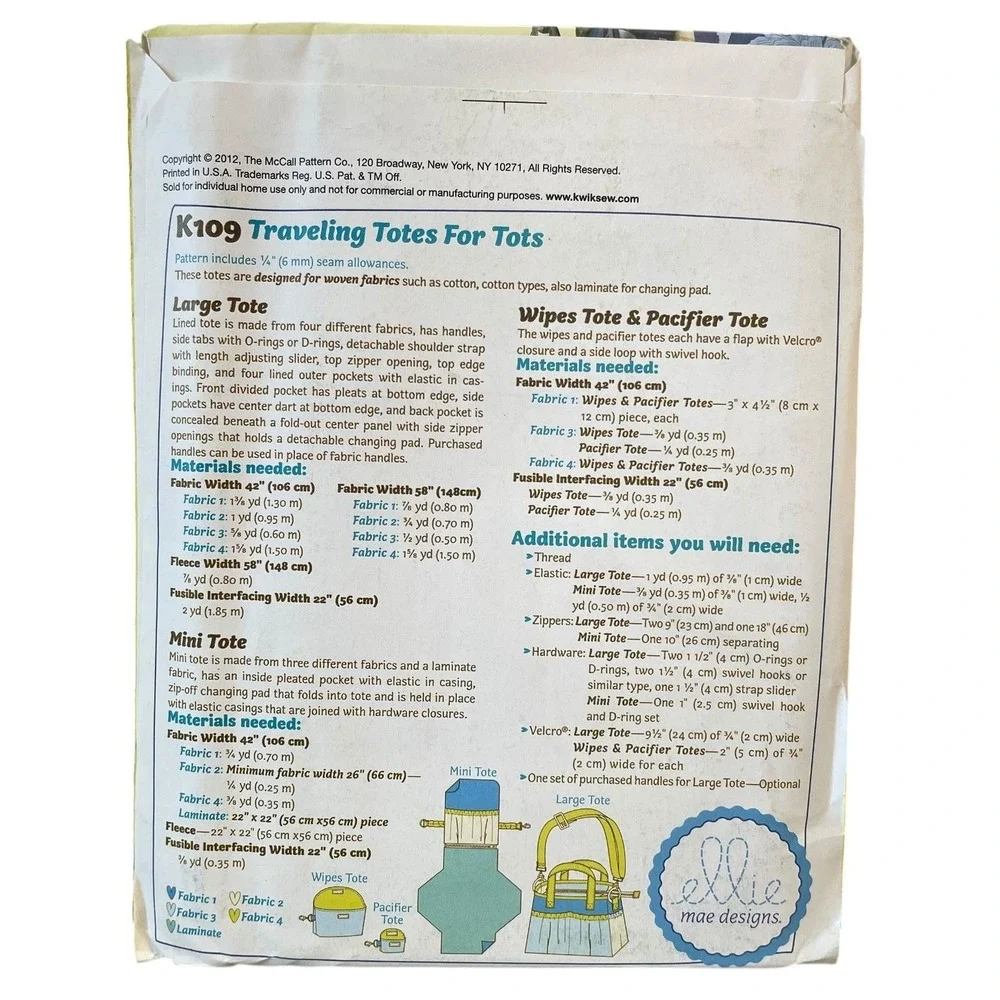 Ellie‎ Mae Designs K109 Traveling Totes for Tots Kids Sewing Pattern UNCUT FF